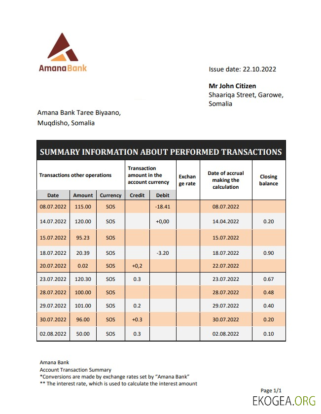 Relevé bancaire Somalie Amana
